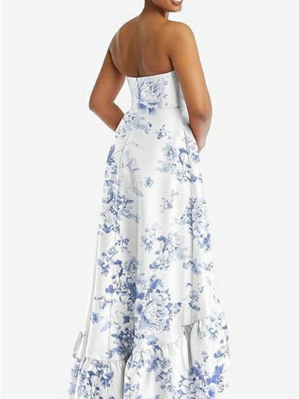 ALFRED SUNG Strapless White Dress with Blue Floral Print